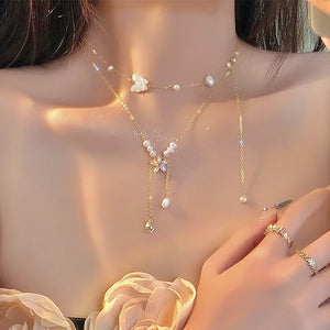 Delicate Zircon Butterfly Flower Pearl Clavicle Necklace for Women