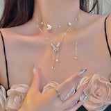 Delicate Zircon Butterfly Flower Pearl Clavicle Necklace for Women