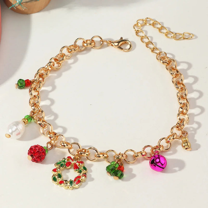 Christmas Elk Wreath Bracelet Bell Charms Pendant Metal Bangles Jewelry