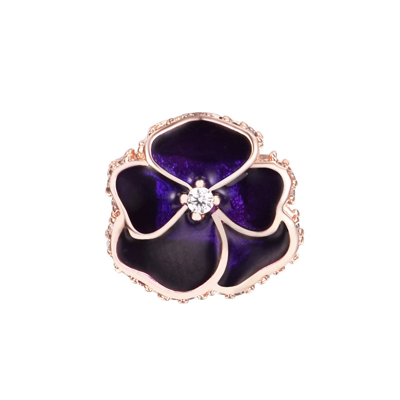 925 Sterling Silver Deep Purple Pansy Flower Charm Bead