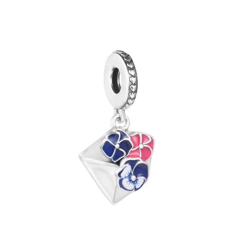 925 Silver Pansy Flower Envelope Dangle Charms for Bracelets