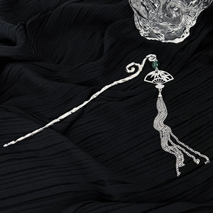 Flower Fan Green Stone Tassel Hairpin Vintage Headwear