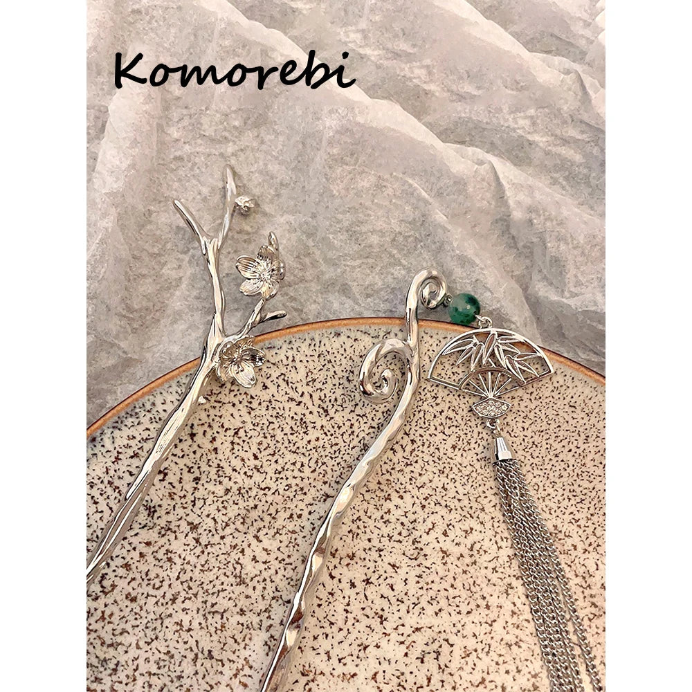 Flower Fan Green Stone Tassel Hairpin Vintage Headwear