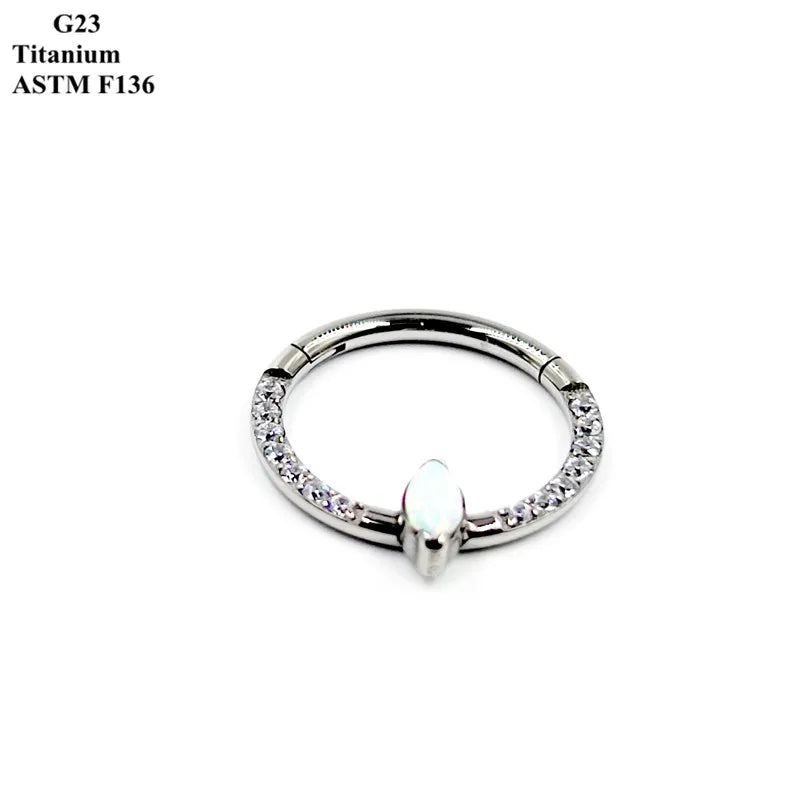 G23 Titanium Nose Ring with Zircon and Opal Inlay