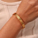 Geometric Cuban Chain Engraved Cuff Bracelet Stainless Steel CZ Paved Bangle