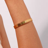 Geometric Cuban Chain Engraved Cuff Bracelet Stainless Steel CZ Paved Bangle