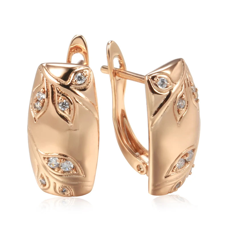 Leaf Embossed Zircon Square Earrings for Women Golden Couple Charm Jewelry