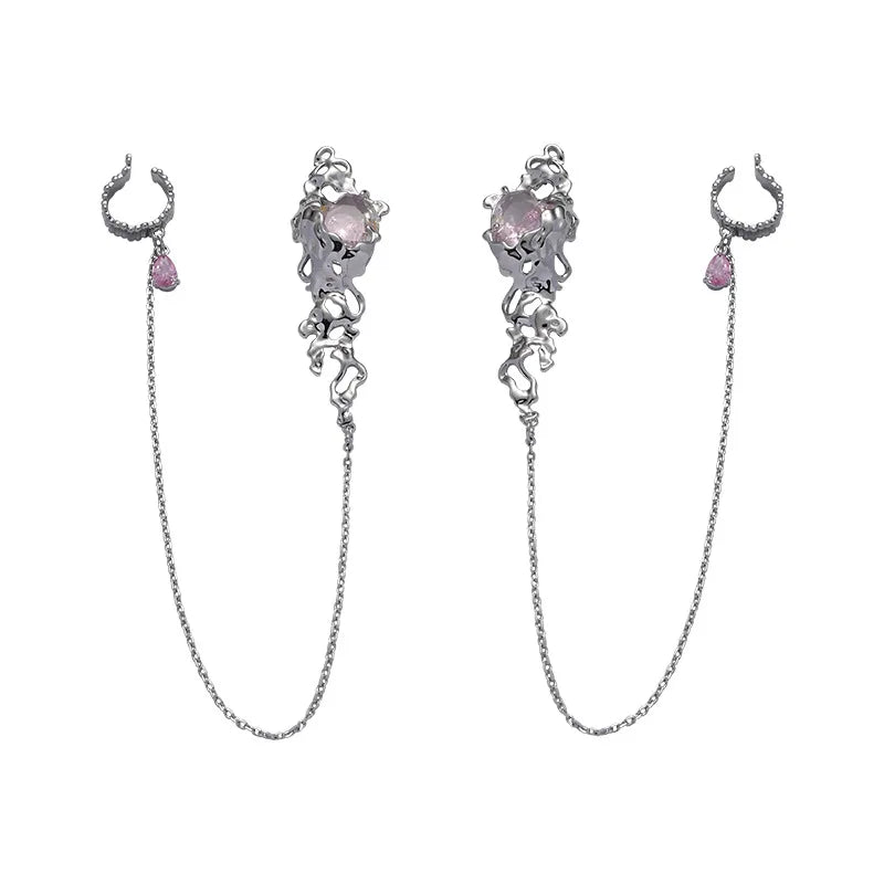 Glass Heart Clip Earrings Tassel Rhinestones No-Pierced Ear Wear for Women