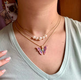 Women Butterfly Pearl Necklace Double Choker Chains Jewelry
