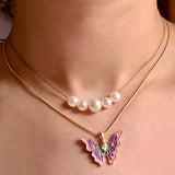 Women Butterfly Pearl Necklace Double Choker Chains Jewelry