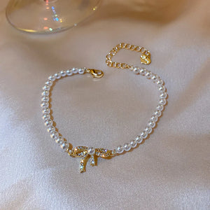 Gold Plated Baroque Pearl Bow Bracelet with Zircon Inlay