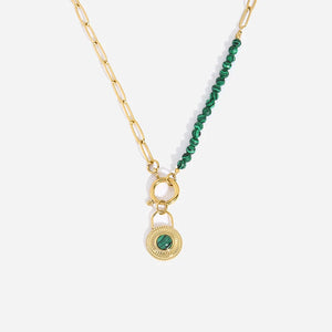 Green Beads Chain Necklace Malachite Lock Charm Stainless Steel