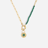 Green Beads Chain Necklace Malachite Lock Charm Stainless Steel
