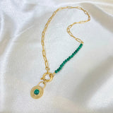 Green Beads Chain Necklace Malachite Lock Charm Stainless Steel