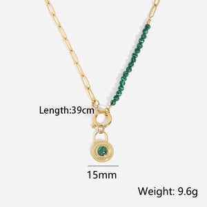 Green Beads Chain Necklace Malachite Lock Charm Stainless Steel