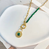 Green Beads Chain Necklace Malachite Lock Charm Stainless Steel