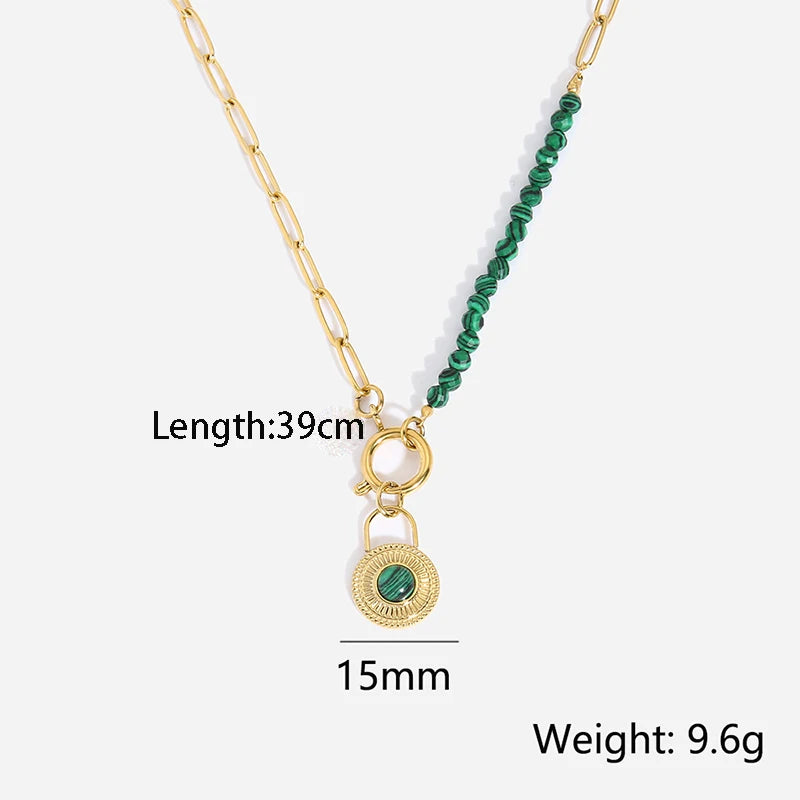 Green Beads Chain Necklace Malachite Lock Charm Stainless Steel