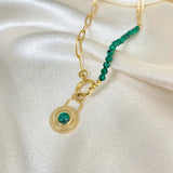 Green Beads Chain Necklace Malachite Lock Charm Stainless Steel