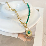Green Beads Chain Necklace Malachite Lock Charm Stainless Steel