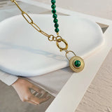 Green Beads Chain Necklace Malachite Lock Charm Stainless Steel