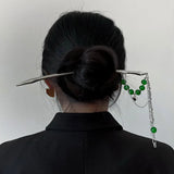 Green Beaded Heart Chain Tassel Hair Sticks Punk Headwear for Women