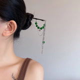 Green Beaded Heart Chain Tassel Hair Sticks Punk Headwear for Women