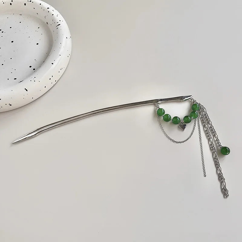 Green Beaded Heart Chain Tassel Hair Sticks Punk Headwear for Women