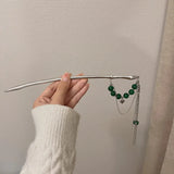 Green Beaded Heart Chain Tassel Hair Sticks Punk Headwear for Women