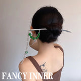 Green Beaded Heart Chain Tassel Hair Sticks Punk Headwear for Women