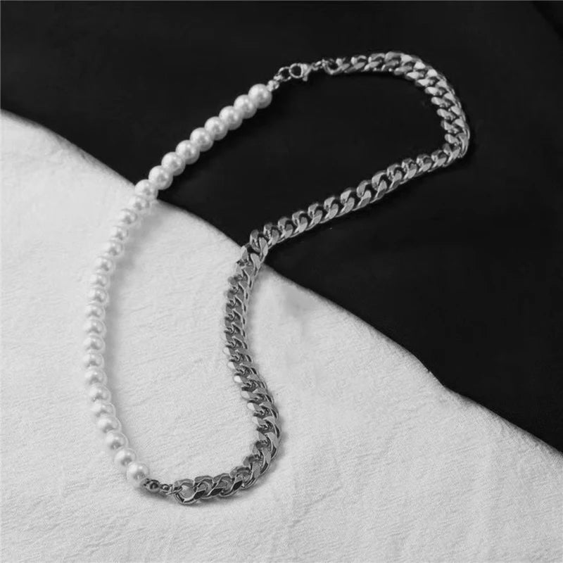 Cuban Chain Necklace Men Stainless Steel Pearls Necklace Gift