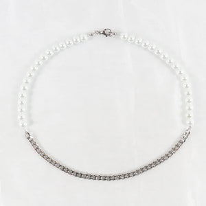 Men's Stainless Steel Cuban Chain Necklace with Half Pearls