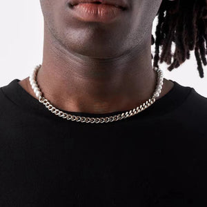 Men's Stainless Steel Cuban Chain Necklace with Half Pearls