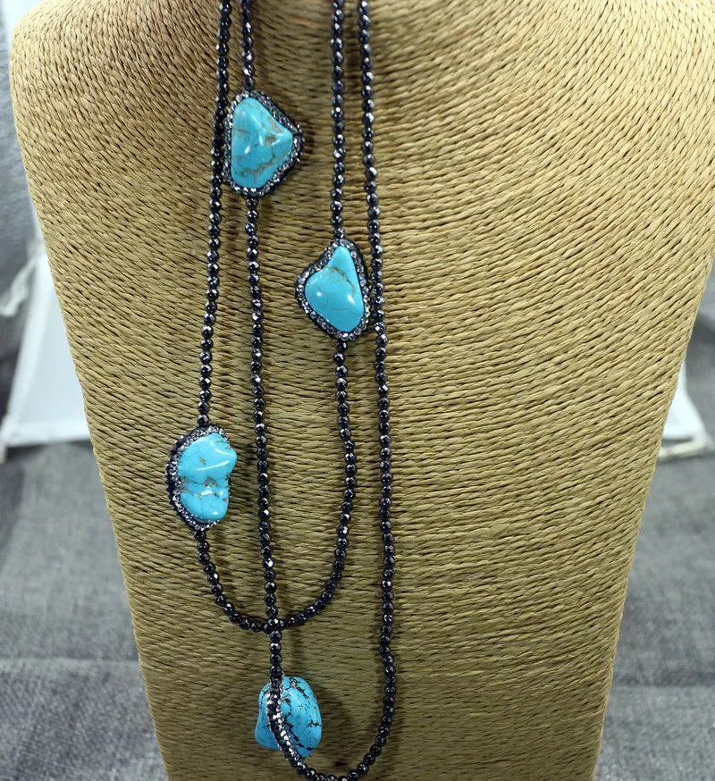 Vintage Spinel Turquoise Stone Long Sweater Necklaces