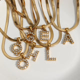 Herringbone Chain CZ Letter Charm Necklace 18K Plated Initial Alphabet Necklace