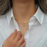 Herringbone Chain CZ Letter Charm Necklace 18K Plated Initial Alphabet Necklace