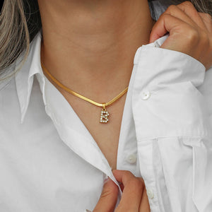Herringbone Chain CZ Letter Charm Necklace 18K Plated Initial Alphabet Necklace