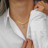 Herringbone Chain CZ Letter Charm Necklace 18K Plated Initial Alphabet Necklace