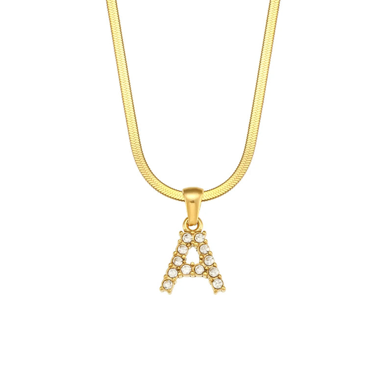 Herringbone Chain CZ Letter Charm Necklace 18K Plated Initial Alphabet Necklace