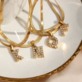 Herringbone Chain CZ Letter Charm Necklace 18K Plated Initial Alphabet Necklace
