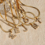 Herringbone Chain CZ Letter Charm Necklace 18K Plated Initial Alphabet Necklace