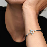 925 Silver Braided Leather T-bar Bracelet Fit