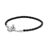925 Silver Braided Leather T-bar Bracelet Fit