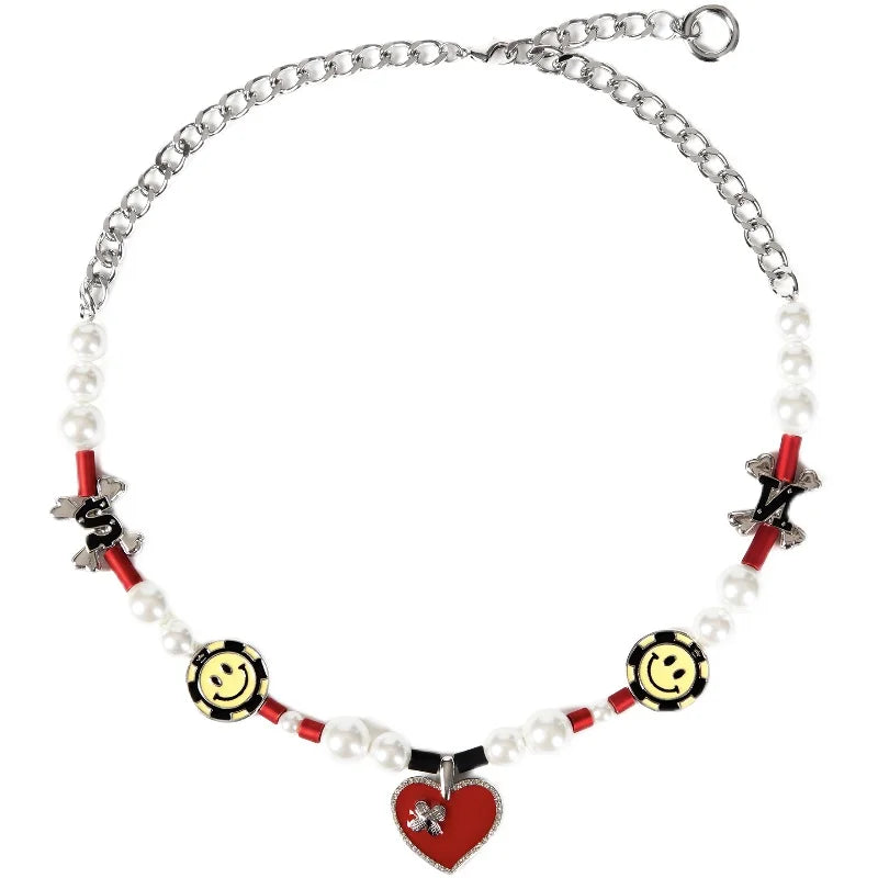 Hip Hop Punk Love Pearl Smiley Face Diamond Chain Necklace