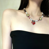 Hip Hop Punk Love Pearl Smiley Face Diamond Chain Necklace