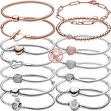 925 Silver Bangle Bracelet Crown Heart Sparkling Charm Beads DIY Jewelry