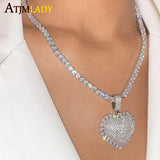 Iced Out CZ Heart Pendant Necklace Hip Hop Women Tennis Chain Choker