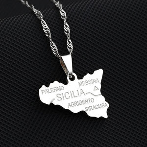 Sicily Map City Name Pendant Necklace Italian Stainless Steel Jewelry
