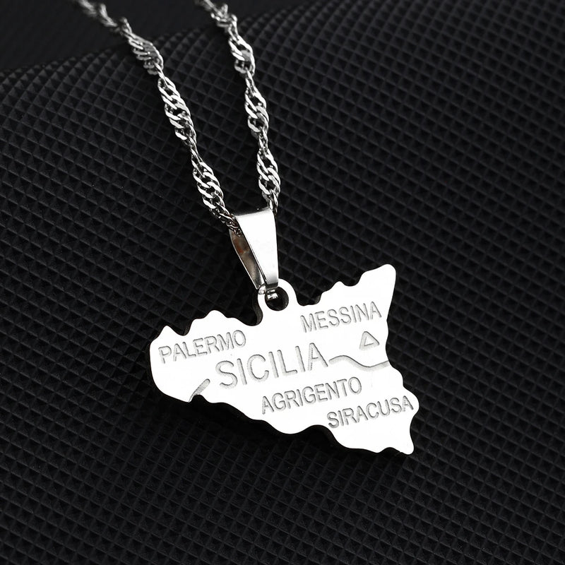 Sicily Map City Name Pendant Necklace Italian Stainless Steel Jewelry