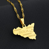 Sicily Map City Name Pendant Necklace Italian Stainless Steel Jewelry