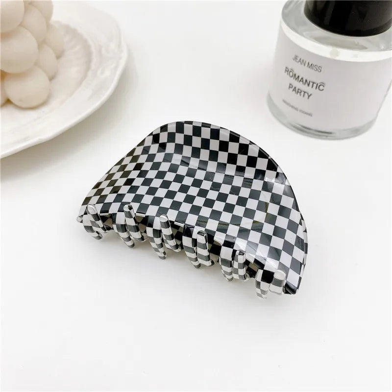 Korea 7.5cm Plaid Checkerboard Claw Clip Acetate Semicircular Shell Grid Lattice